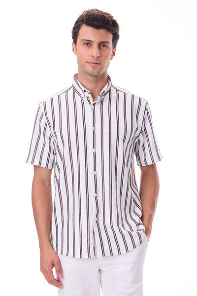 RAVANELLI Short Sleeve Striped Men's Shirt - Cotton Summer Fabric - Menton Claret Red