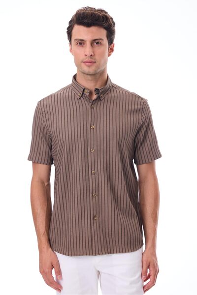 RAVANELLI Ανδρικό πουκάμισο με κοντό μανίκι ριγέ - Βαμβακερό καλοκαιρινό ύφασμα - Bane Brown