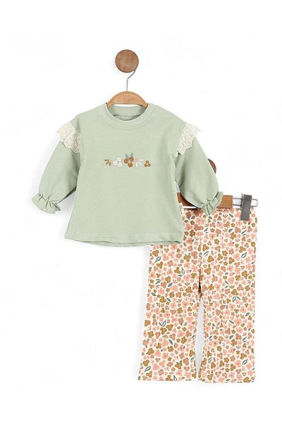 Ege Bebek Baby Girl Flower Embroidered Brode Sleeve Detailed Sweatshirt, Wide Leg Printed Leggings 6-9-12-18-24 Months Stylish Set