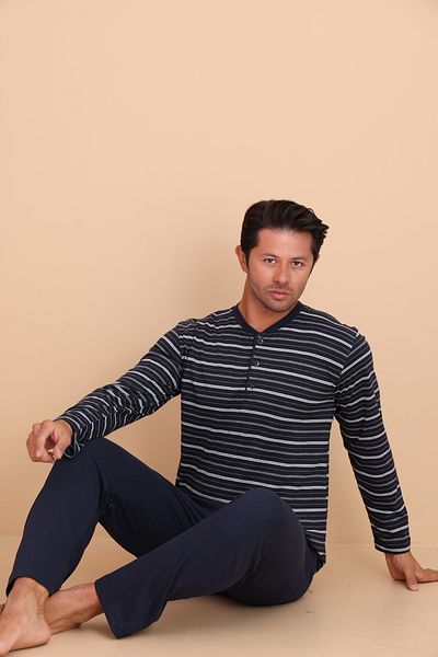 Redline Hunt Regular Navy Blue Men's Long Sleeve Pajama Set