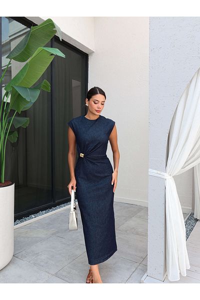 ESRAHELVACI Zero Sleeve Waist Buckle Denim Dress