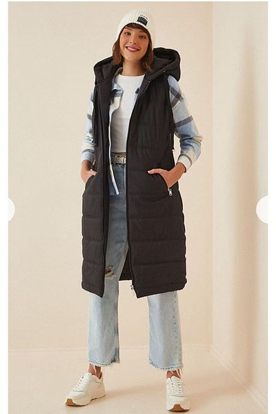 EMİRA LİFE Women's Hooded Long Puffer Vest - Black