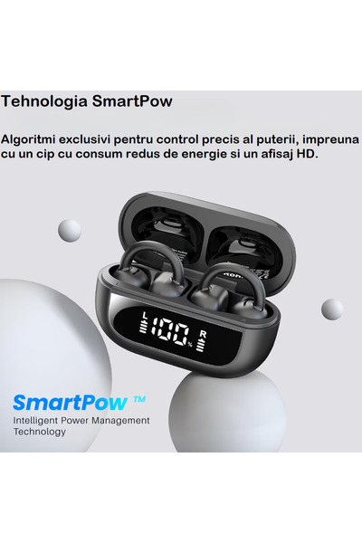 Smart Vibe TOZO OpenRhyme - Casti Open Ear Clip, Bluetooth 5.4, Hybrid Adaptive Noise Cancelling, 40 h, Black