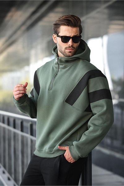 Madmext Khaki Zippered Collar Hooded Men's Sweatshirt E7161