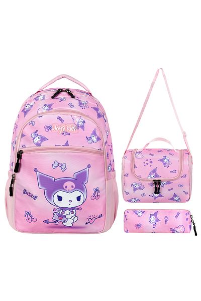 CAKARD Joy's Kids Pink Kuromi Patterned 3-Piece School Bag Set (Backpack + Lunchbox + Pen Holder)