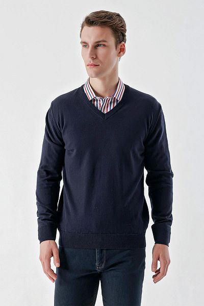 Morven Men's Navy Blue Basic V-Neck Dynamic Fit Comfortable Cut Knitwear