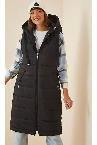 EMİRA LİFE Women's Hooded Long Puffer Vest - Black
