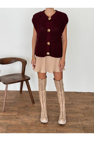 fujya Thick Knitted Double Pocket Metal Button Trend Vest Claret Red