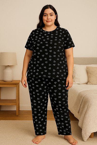 FAMESTEKSTİL Black Heart Pattern Short Sleeve Cotton Plus Size Women's Pajamas Set