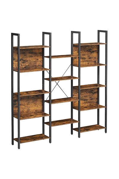 VASAGLE Bookcase with 14 wooden shelves, metal frame, 24x158x166cm, industrial style, brown