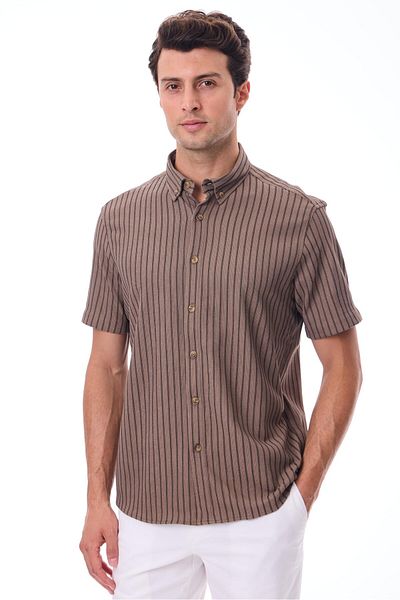 RAVANELLI Short Sleeve Striped Men's Shirt - Cotton Summer Fabric - Bane Brown