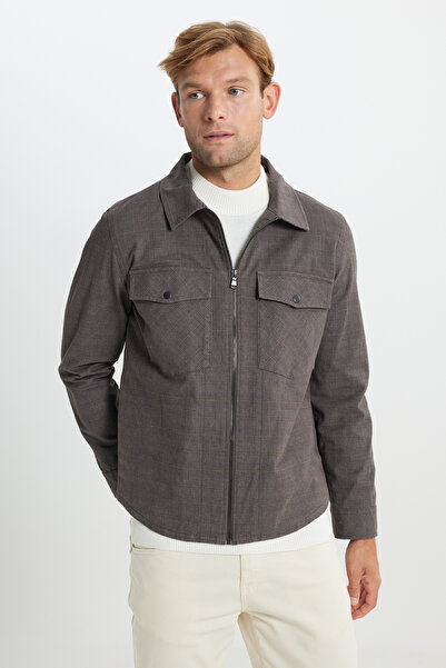 ALTINYILDIZ CLASSICS Ανδρικό παλτό πουκάμισο με καφέ τυπική εφαρμογή κανονικής κοπής από βαμβακερή πλαϊνή τσέπη