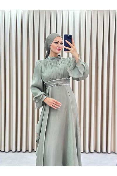 MERETTO By Akıl Jan Jan Fabric Judge Collar Waist Stone Lined Hijab Evening Dress