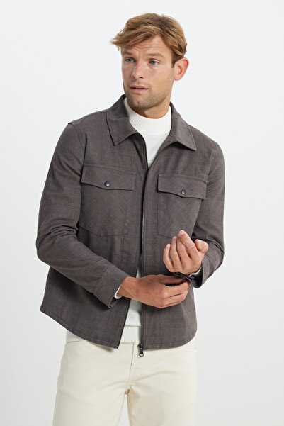 ALTINYILDIZ CLASSICS Ανδρικό παλτό πουκάμισο με καφέ τυπική εφαρμογή κανονικής κοπής από βαμβακερή πλαϊνή τσέπη