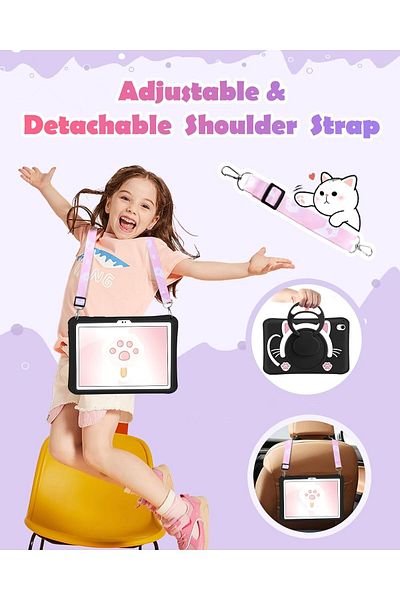 TEKNETSTORE Xiaomi Redmi Pad Se 11 Inch Compatible Black Cat Kids Case with Strap 360 Rotating Stand Fun Protection