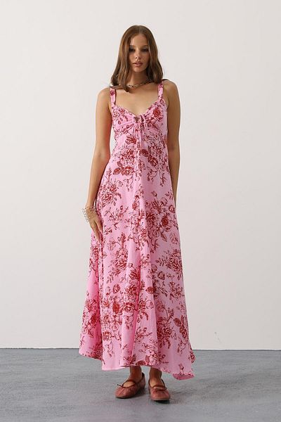Le Savu Shilsee Flower Patterned Muslin Dress with Straps Pink Back Decoletté with Slit