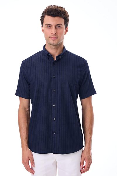 RAVANELLI Short Sleeve Striped Men's Shirt - Cotton Summer Fabric - Bane Navy Blue