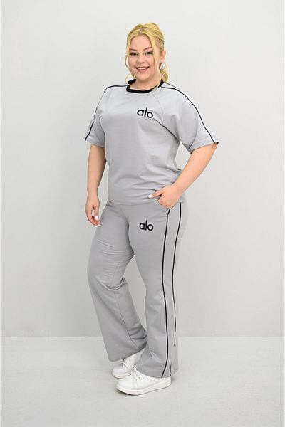 Koza Butik Women's Plus Size Short Sleeve Embroidery Detailed Loose Leg Tracksuit Set 8191-25