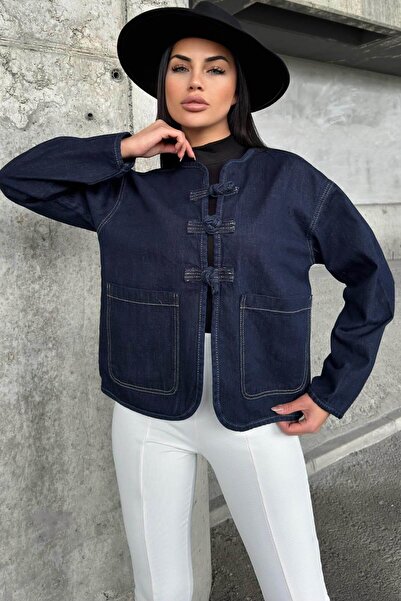 NEW LAVİVA Navy Blue Front Tie, Pocket Detail, Oval Cutting, Loose Denim Jacket