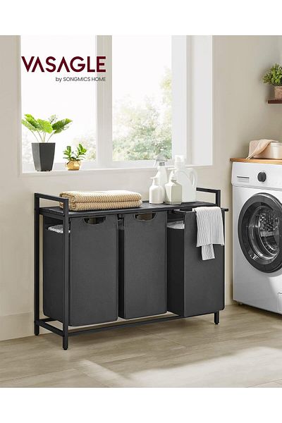 VASAGLE Laundry basket, 3 compartments, removable laundry bags, shelf, 93x33x72 cm, black