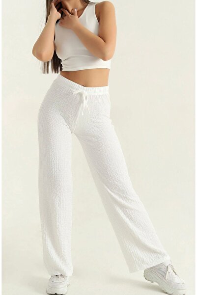 SU SHE Lady's Elastic Waist Slack Seersucker Wrinkle Fabric Palazzo Pants