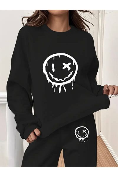 FUFLUNS Graphic Smiling Face Printed Unisex Cycling Collar Bottom/Upper Tracksuit Set
