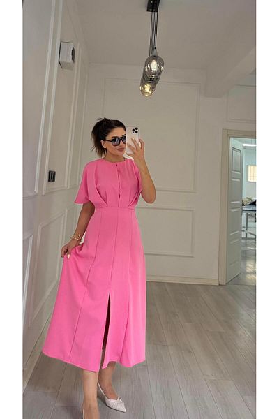 Daves Balloon Sleeve Flounce Atlas Fabric Dress-Pink