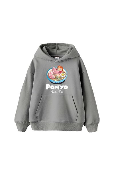 Sekizbiraltı Ponyo Printed Oversize Unisex Gray Hoodie