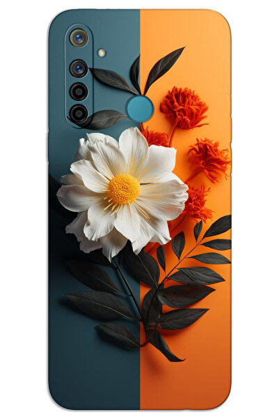 MRCİLETİSİM Realme 6i Kılıf HD Desen Baskılı Arka Kapak - Beyaz Turuncu Çiçek