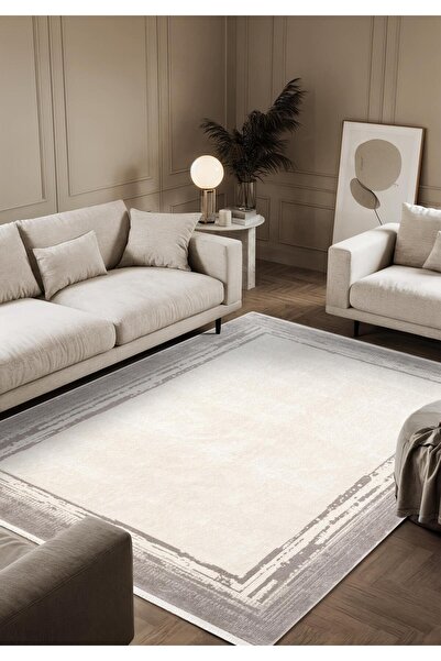 Karmen Halı Fresco FC007G Gri Çerçeveli Halı Modern Desen 100 Tarak Viskon Pa...