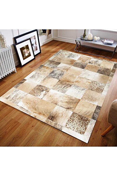 deco marié Krem Renkli Doğal Dana Derisi Patchwork Halı – El Dokuma Hakiki De...