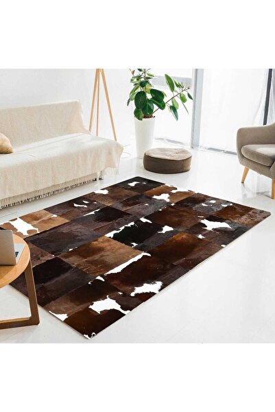 deco marié Kahverengi Beyaz Gerçek Dana Derisi Patchwork Halı – El Yapımı Doğ...