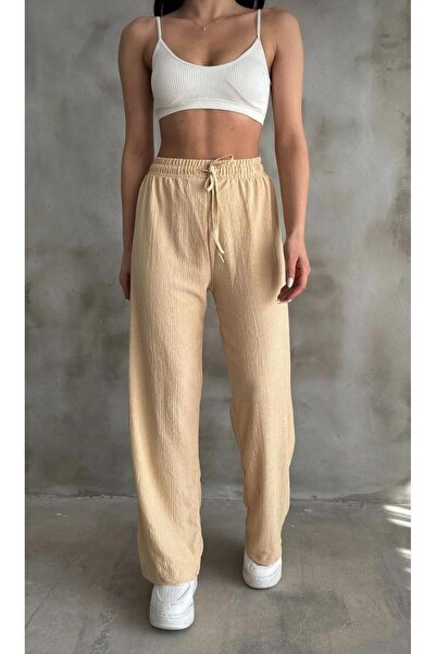 jsshop collection ''Spider Fabric'' High Belt Palazzo Women's Pants with Elastic Waist (Efi̇l Efi̇l)