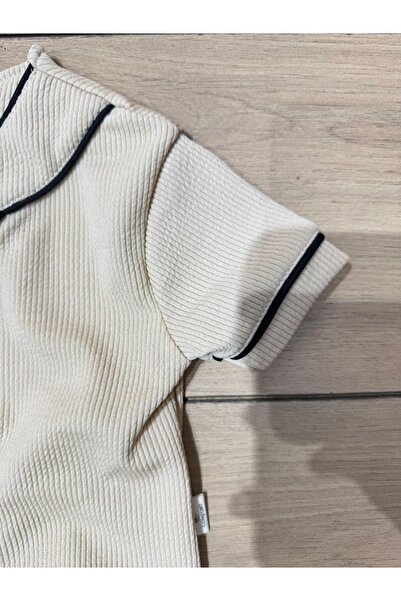 Tk Tela Kids Bebe Set 2 Pcs 6/9/12 Months Range Crepe Fabric Shirt Button Double Stripe Black Color Beige