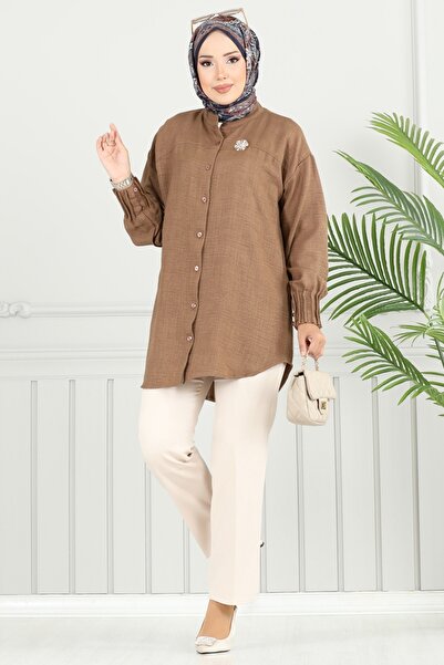 ModaMerve Pilise Detay Keten Tunik 4033TEG847-MS Kahve