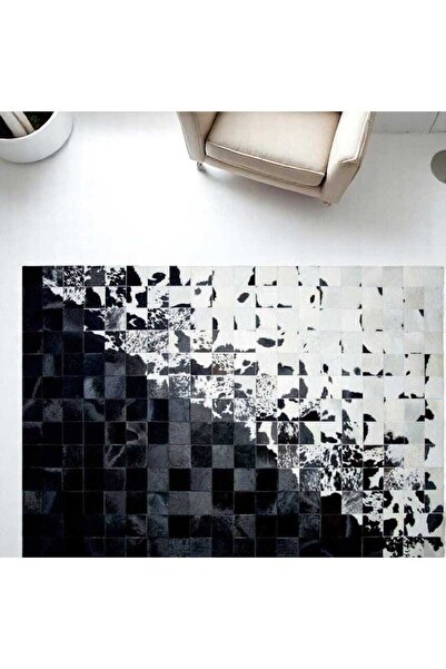 deco marié Siyah Beyaz Doğal Dana Derisi Patchwork Halı – El Yapımı Hakiki De...