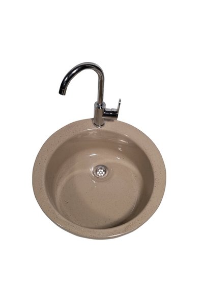 RAY Chiuvetă de bucătărie, bej, compozit, Ø 490 mm, adâncime 150 mm, montare pe blat,sifon inclus