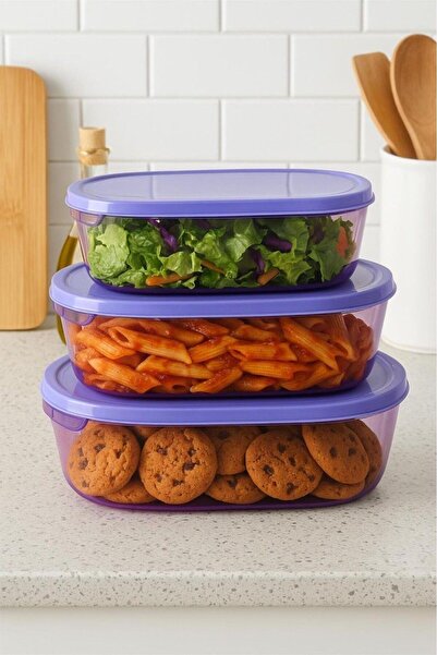 GBMOTION Set of 3 Storage Containers with Purple Lid – Food Grade, Refrigerator Compatible, 3 Different Sizes Oval Storage