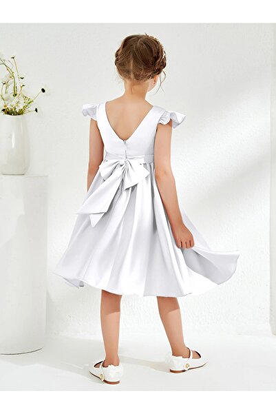MadyaButik Kız Çocuk Selda Model Fırfır Kol Beli Büzgülü Saten Elbise Mezuniyet Doğum Günü Parti Elbise
