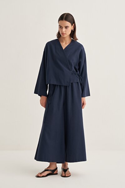 EBU Prive Women's Organic Cotton Short Kimono Navy Blue