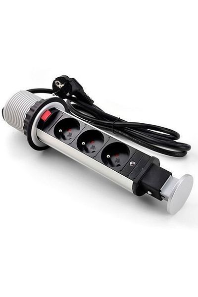 GTV Tower socket, 3 schuko sockets, 1.5m cable, black+silver,