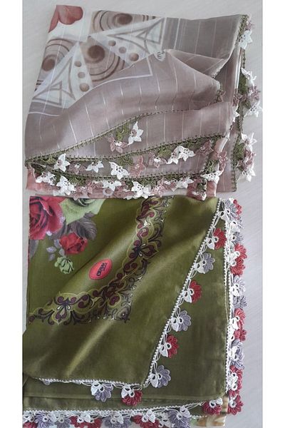 Papatyam 2 Pcs Handmade Crochet Writing/3 Side Embroidered/Crochet Embroidered Yemeni/Dowry Cheesecloth/100X100/Polyester