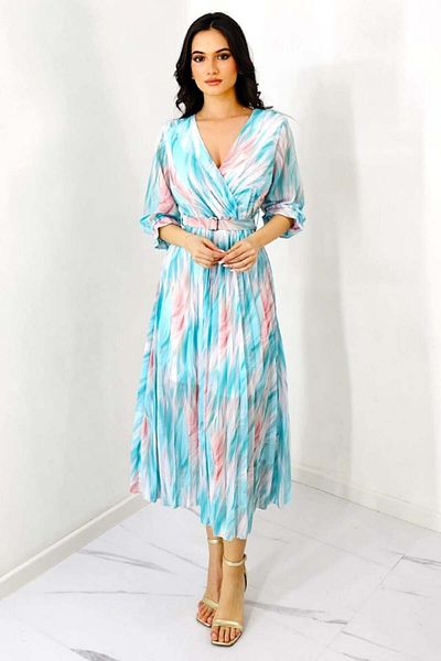 FashionForYou Fatima day dress, pleated cut and pastel print, Turquoise, Size S/M