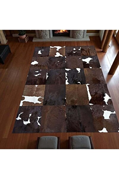 deco marié Koyu Kahverengi ve Beyaz Dana Derisi Patchwork Halı – Doğal ve El ...