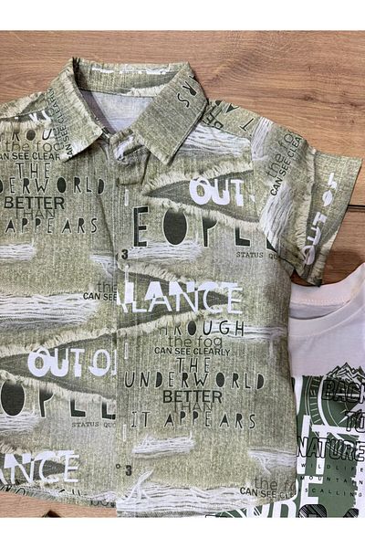Tk Tela Kids Men's 3-Piece Set 4/5 Age Range Khaki Shirt Digital Printed Writing 30/1 Combed Cotton Fabric