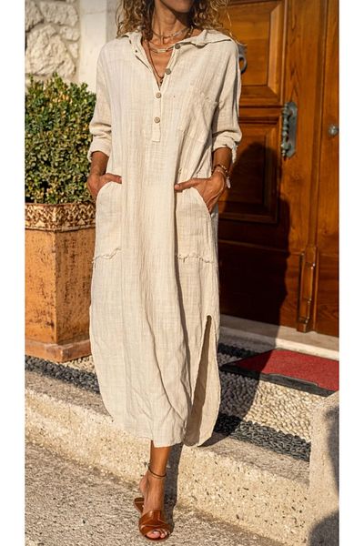 Rosidam Standard Size Comfortable Fit Wash Linen Dress with Half Placket Pockets