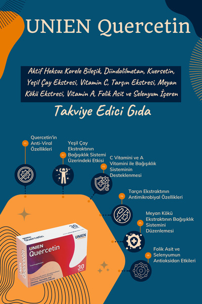 UNIEN Pharma UNIEN Quercetin/AHCC, Diindolilmetan, Kuersetin, Folik Asit ve Selenyum İçeren Takviye Edici Gıda.