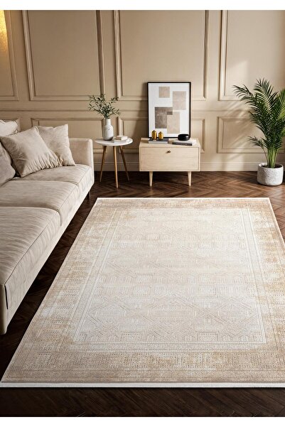 Karmen Halı VG009A Bej Gri Çerçeveli Geometrik Desen Modern Renk Tarak Salon ...