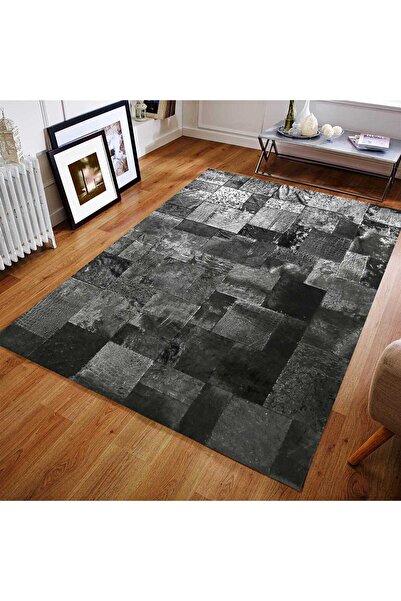 deco marié Siyah Gümüş Renkli El Dokuma Dana Derisi Halı – Hakiki Deriden Pat...