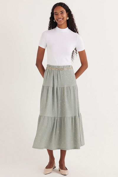 Tudors Women's Standard Fit Elastic Waist Printed Midi Length Skirt